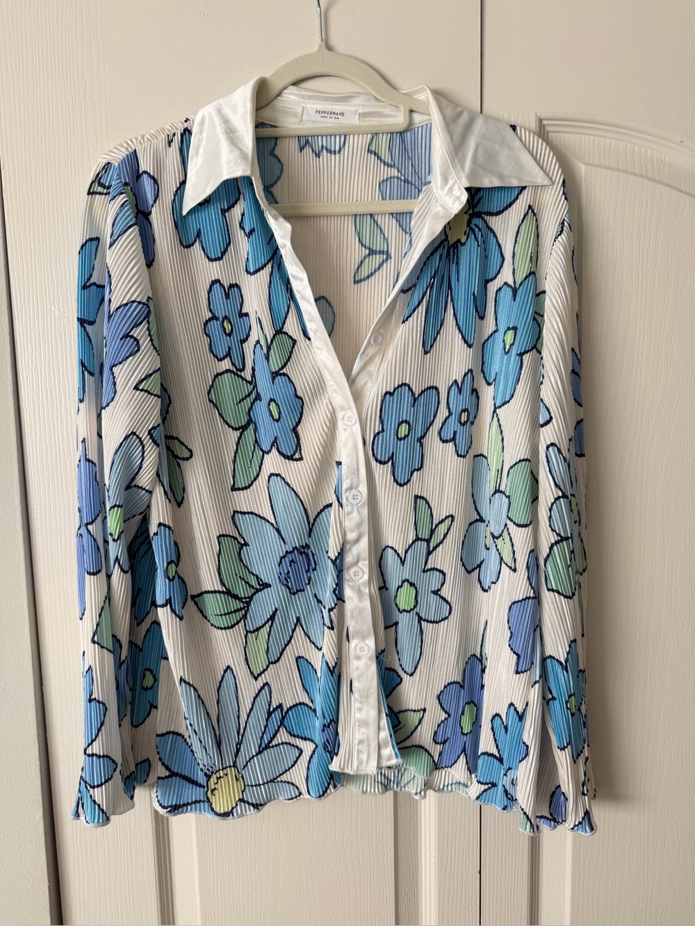 Peppermayo White Button-Down Shirt with Blue Floral Print